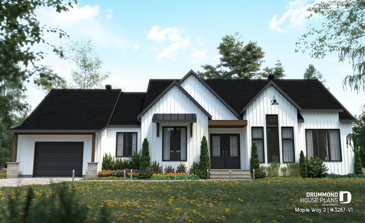 front - BASE MODEL - 3 bedrooms modern farmhouse home design with garage, home office, large master suite, family room w/fireplace - Maple Way 2