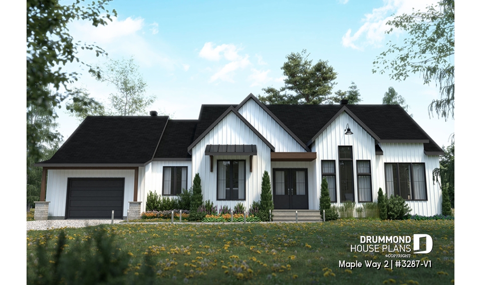 front - BASE MODEL - 3 bedrooms modern farmhouse home design with garage, home office, large master suite, family room w/fireplace - Maple Way 2