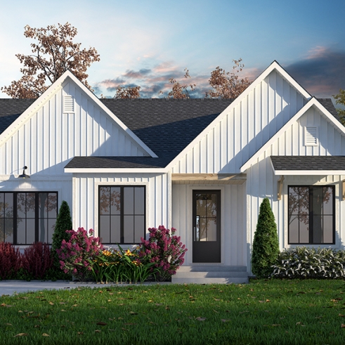 front - BASE MODEL - Farmhouse 4 to 5 bedrooms home, den, family & living rooms, opt. finished basement, master on main floor - Maple Way 3