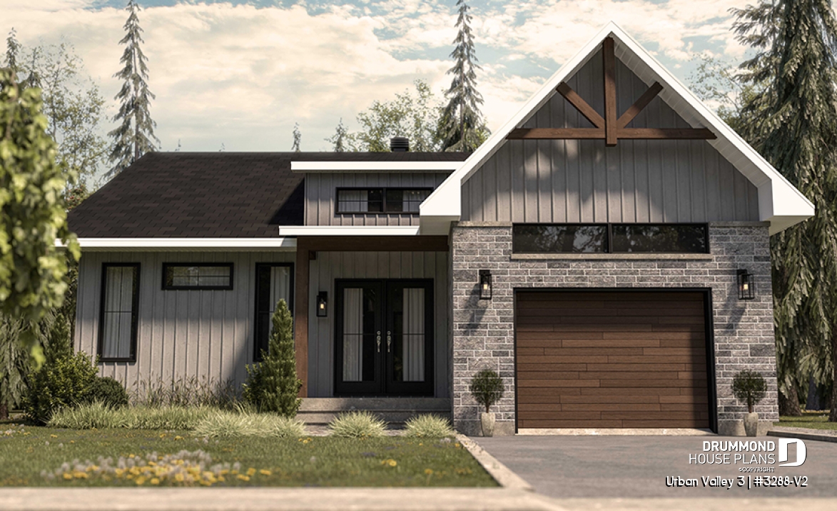 front - BASE MODEL - Mountain style small 2 bedrooms house plan with garage, mudroom, pantry, 9' ceiling - Urban Valley 3
