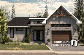 front - BASE MODEL - Mountain style small 2 bedrooms house plan with garage, mudroom, pantry, 9' ceiling - Urban Valley 3