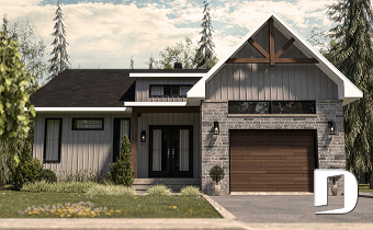 front - BASE MODEL - Mountain style small 2 bedrooms house plan with garage, mudroom, pantry, 9' ceiling - Urban Valley 3