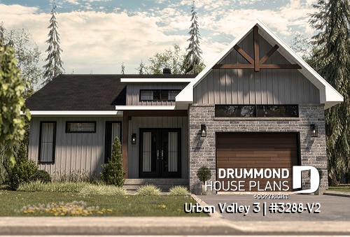 front - BASE MODEL - Mountain style small 2 bedrooms house plan with garage, mudroom, pantry, 9' ceiling - Urban Valley 3