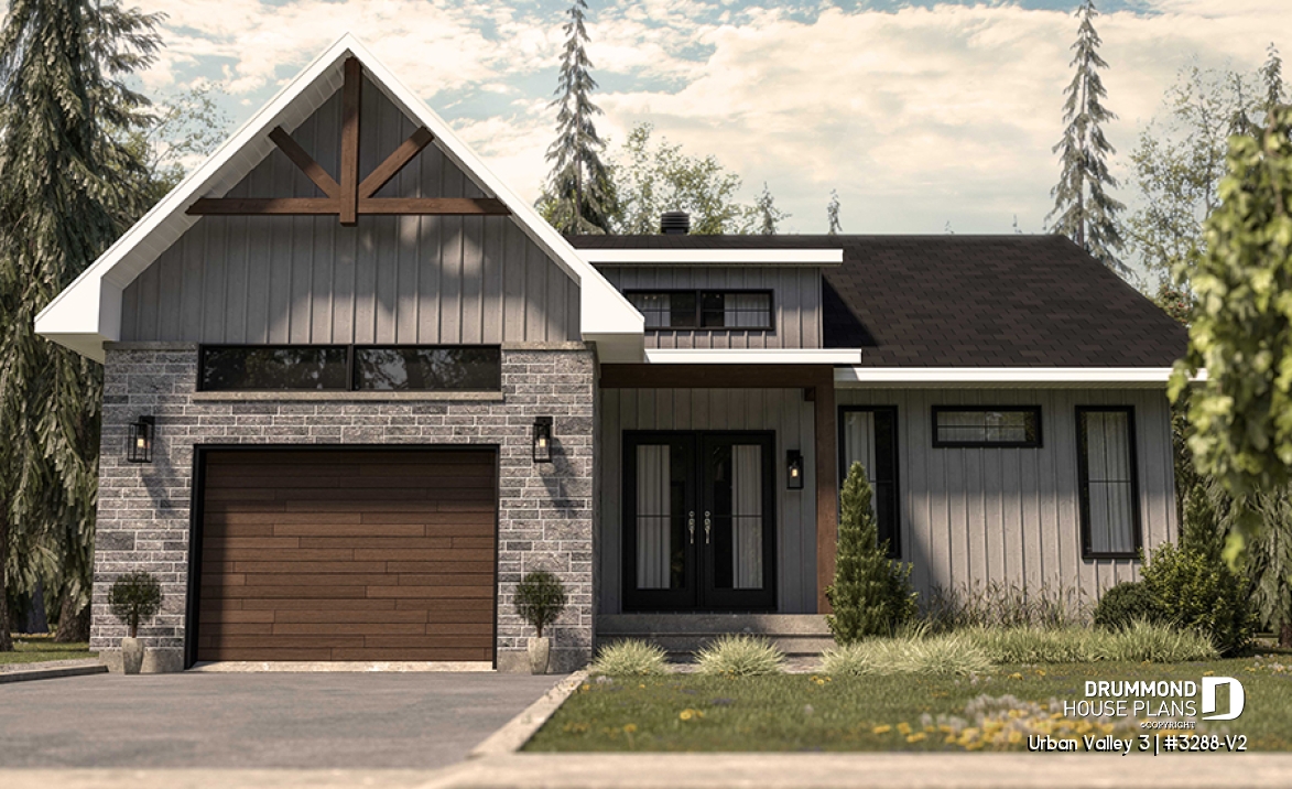 front - BASE MODEL - Mountain style small 2 bedrooms house plan with garage, mudroom, pantry, 9' ceiling - Urban Valley 3
