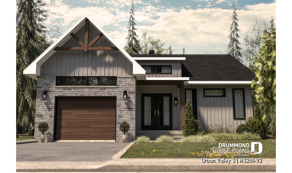 front - BASE MODEL - Mountain style small 2 bedrooms house plan with garage, mudroom, pantry, 9' ceiling - Urban Valley 3