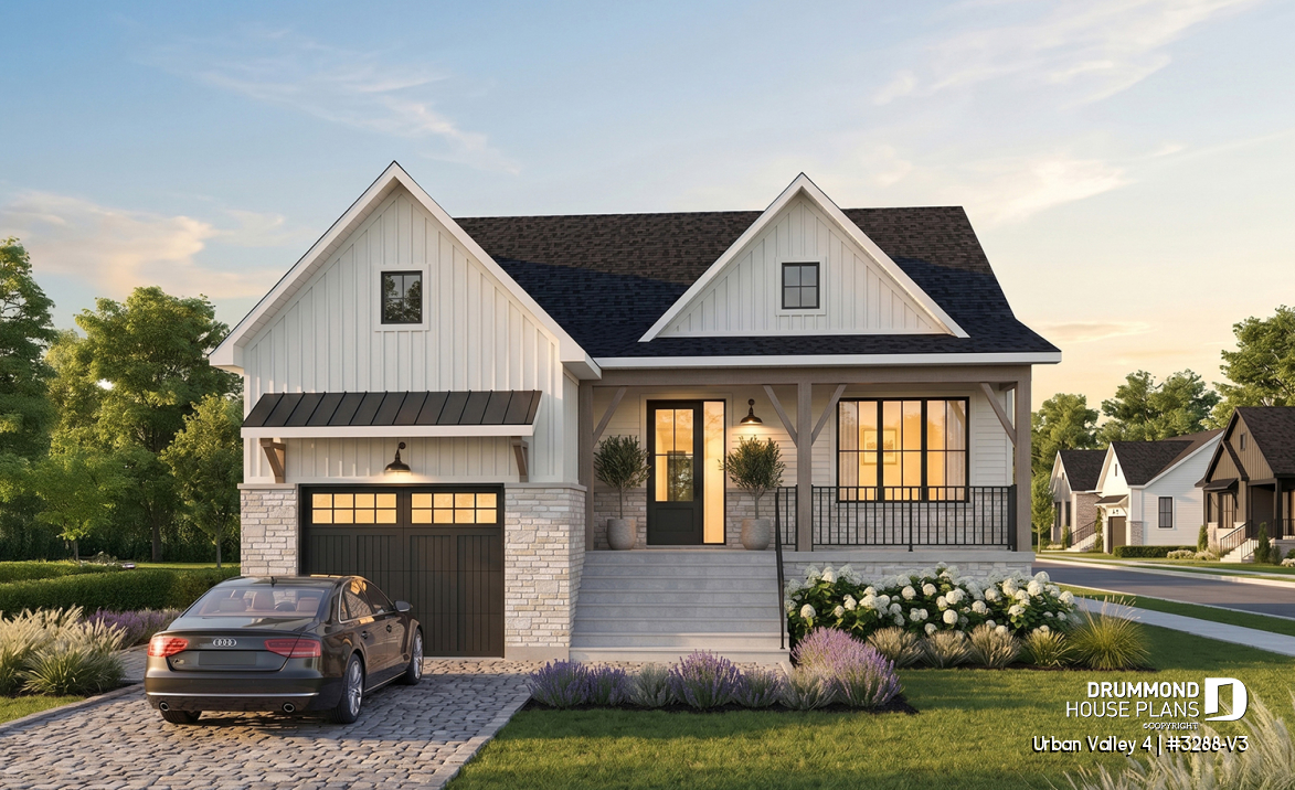 front - BASE MODEL - Compact 2 to 6 bedroom farmhouse plan with great open floor plan, den, optional finished basement ($) - Urban Valley 4