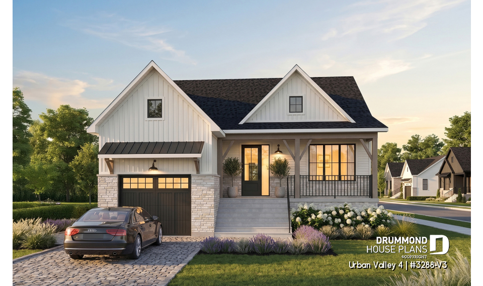 front - BASE MODEL - Compact 2 to 6 bedroom farmhouse plan with great open floor plan, den, optional finished basement ($) - Urban Valley 4