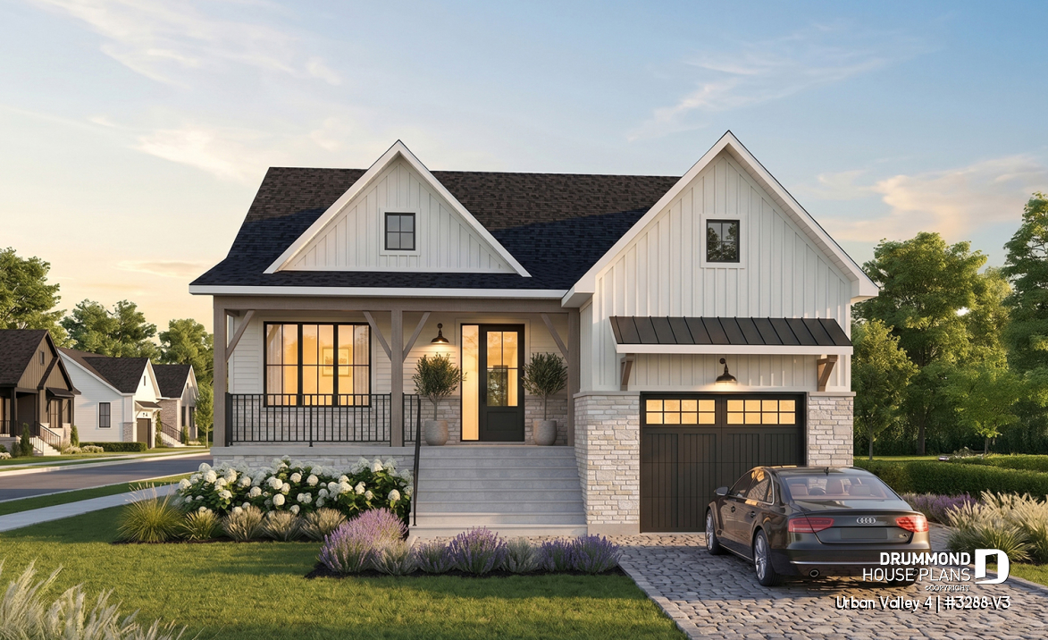 front - BASE MODEL - Compact 2 to 6 bedroom farmhouse plan with great open floor plan, den, optional finished basement ($) - Urban Valley 4