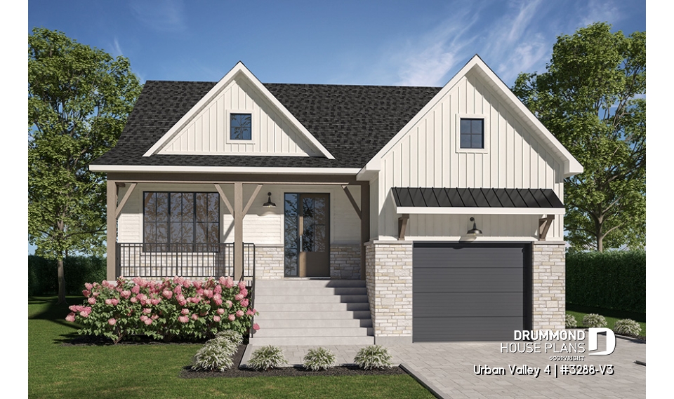 front - BASE MODEL - Compact 2 to 6 bedroom farmhouse plan with great open floor plan, den, optional finished basement ($) - Urban Valley 4