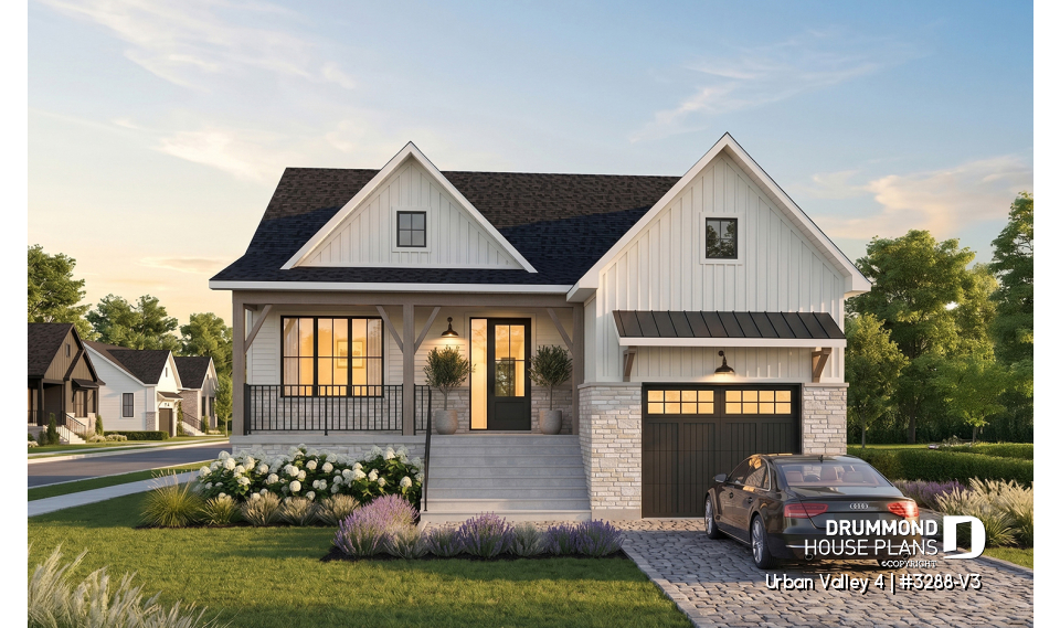 front - BASE MODEL - Compact 2 to 6 bedroom farmhouse plan with great open floor plan, den, optional finished basement ($) - Urban Valley 4