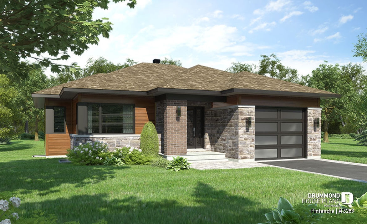 front - BASE MODEL - Mid-Century Modern One-story Home, Open floor plan, Large Kitchen Island, Pantry, One-Car Garage, 2 + Bedrooms - Pintendre