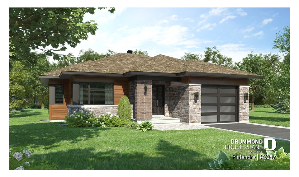 front - BASE MODEL - Mid-Century Modern One-story Home, Open floor plan, Large Kitchen Island, Pantry, One-Car Garage, 2 + Bedrooms - Pintendre