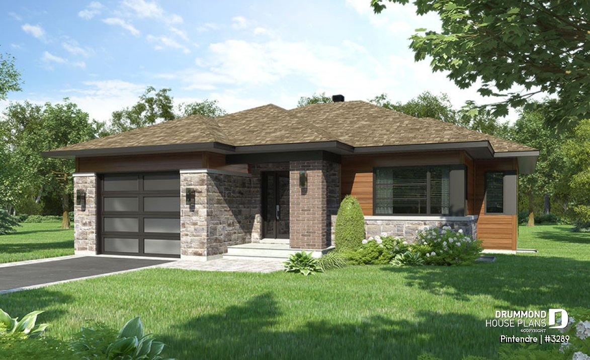 front - BASE MODEL - Mid-Century Modern One-story Home, Open floor plan, Large Kitchen Island, Pantry, One-Car Garage, 2 + Bedrooms - Pintendre