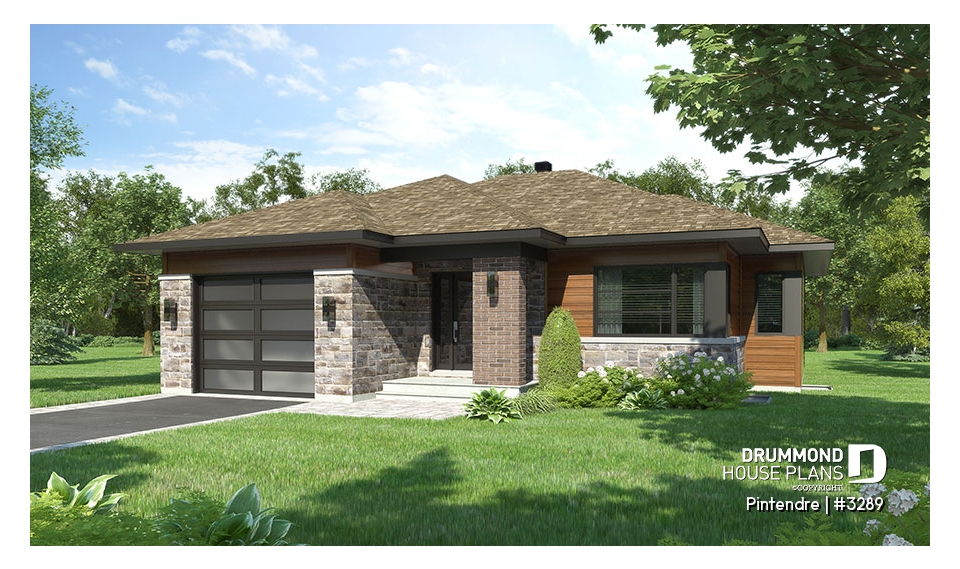 front - BASE MODEL - Mid-Century Modern One-story Home, Open floor plan, Large Kitchen Island, Pantry, One-Car Garage, 2 + Bedrooms - Pintendre