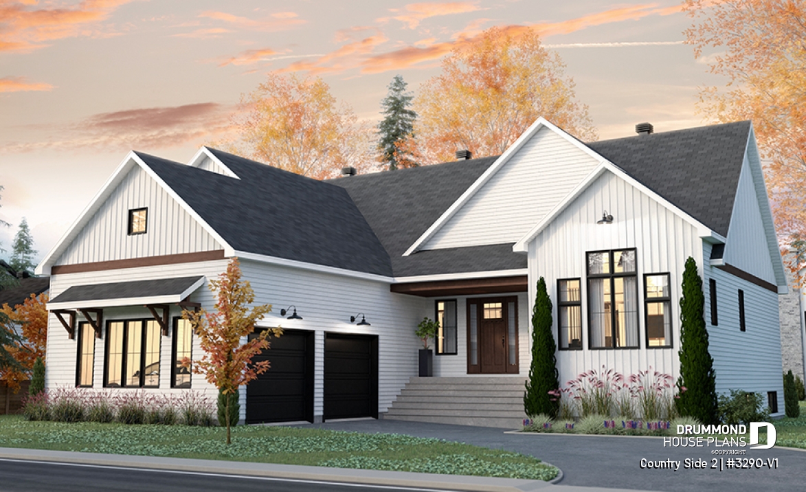 front - BASE MODEL - Farmhouse one-storey home, larger master suite, 2-car garage, open concept, back kitchen, mudroom - Country Side 2