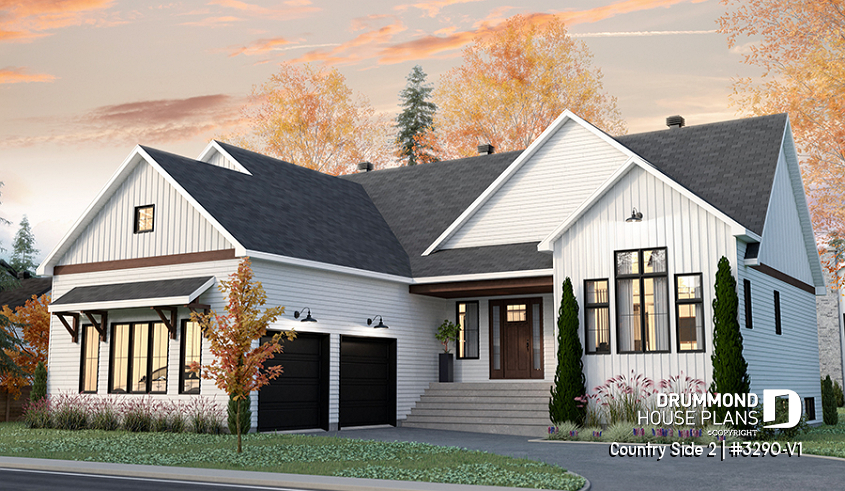 front - BASE MODEL - Farmhouse one-storey home, larger master suite, 2-car garage, open concept, back kitchen, mudroom - Country Side 2