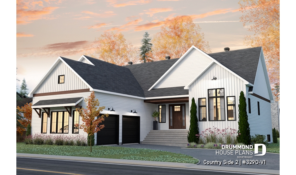 front - BASE MODEL - Farmhouse one-storey home, larger master suite, 2-car garage, open concept, back kitchen, mudroom - Country Side 2