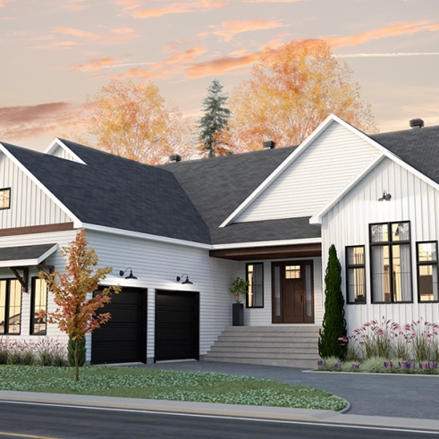 front - BASE MODEL - Farmhouse one-storey home, larger master suite, 2-car garage, open concept, back kitchen, mudroom - Country Side 2