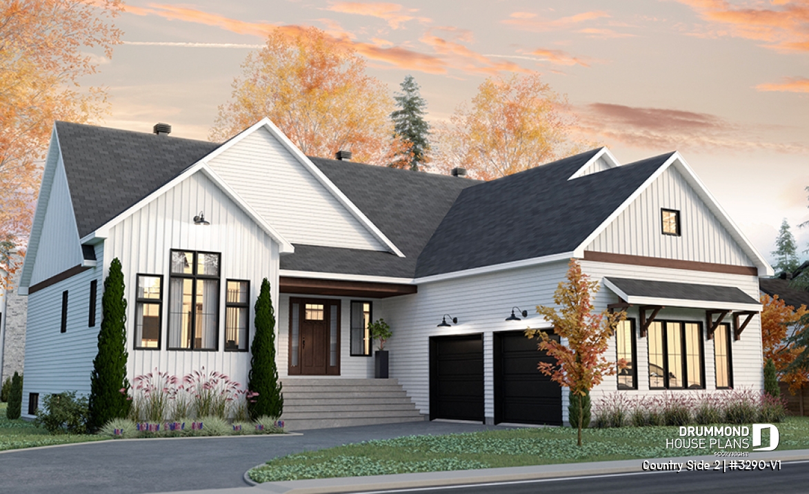 front - BASE MODEL - Farmhouse one-storey home, larger master suite, 2-car garage, open concept, back kitchen, mudroom - Country Side 2