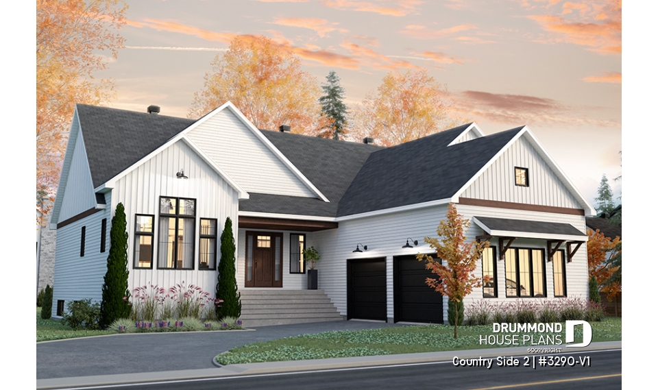 front - BASE MODEL - Farmhouse one-storey home, larger master suite, 2-car garage, open concept, back kitchen, mudroom - Country Side 2