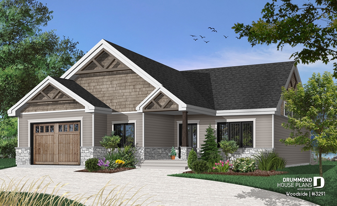front - BASE MODEL - One-story northwest style house plan with 3 bedrooms ou 2 beds + home office, 2 full bath, cathedral ceiling - Woodside