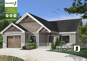 front - BASE MODEL - One-story northwest style house plan with 3 bedrooms ou 2 beds + home office, 2 full bath, cathedral ceiling - Woodside