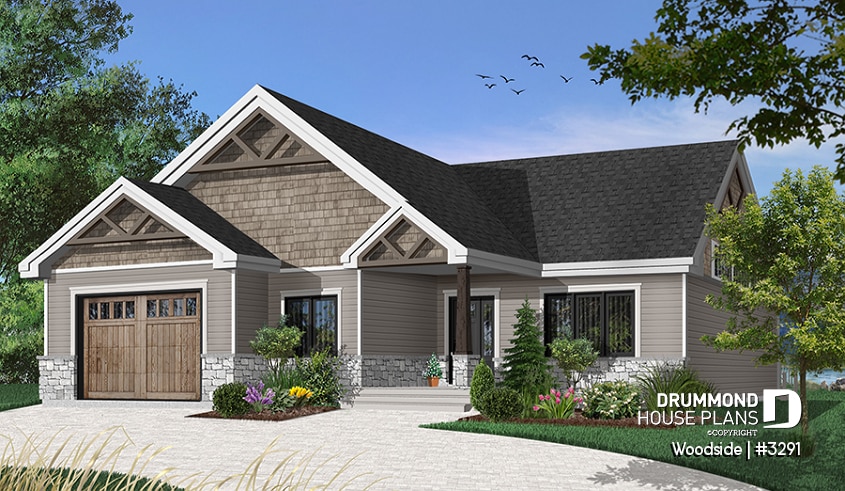 front - BASE MODEL - One-story northwest style house plan with 3 bedrooms ou 2 beds + home office, 2 full bath, cathedral ceiling - Woodside