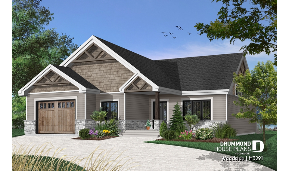 front - BASE MODEL - One-story northwest style house plan with 3 bedrooms ou 2 beds + home office, 2 full bath, cathedral ceiling - Woodside