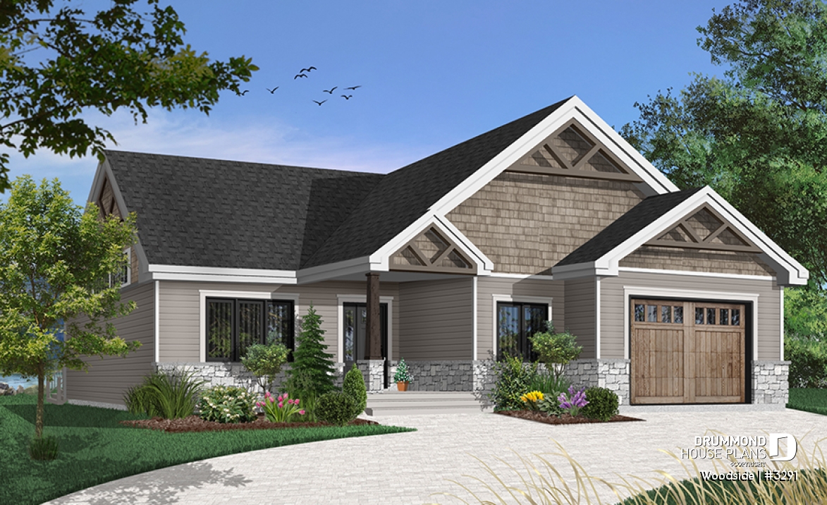 front - BASE MODEL - One-story northwest style house plan with 3 bedrooms ou 2 beds + home office, 2 full bath, cathedral ceiling - Woodside