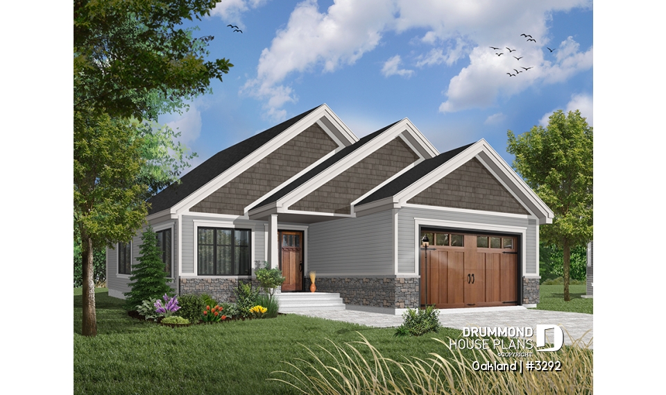 Color version 9 - Front - Ideal narrow lot house plan, 2 bedrooms, garage, large family room, play area or computer corner, laundry room - Oakland