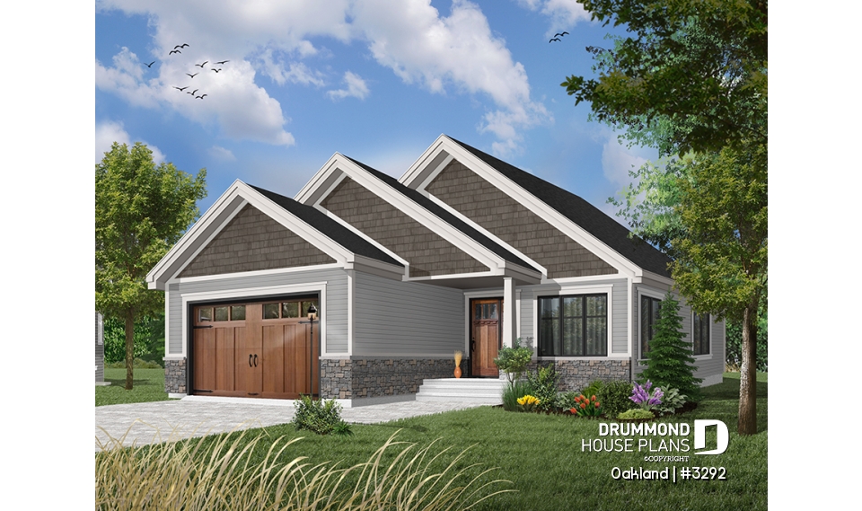 Color version 9 - Front - Ideal narrow lot house plan, 2 bedrooms, garage, large family room, play area or computer corner, laundry room - Oakland