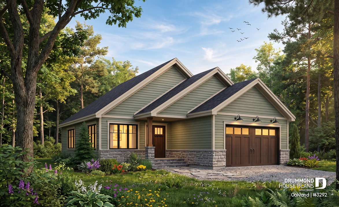front - BASE MODEL - Ideal narrow lot house plan, 2 bedrooms, garage, large family room, play area or computer corner, laundry room - Oakland