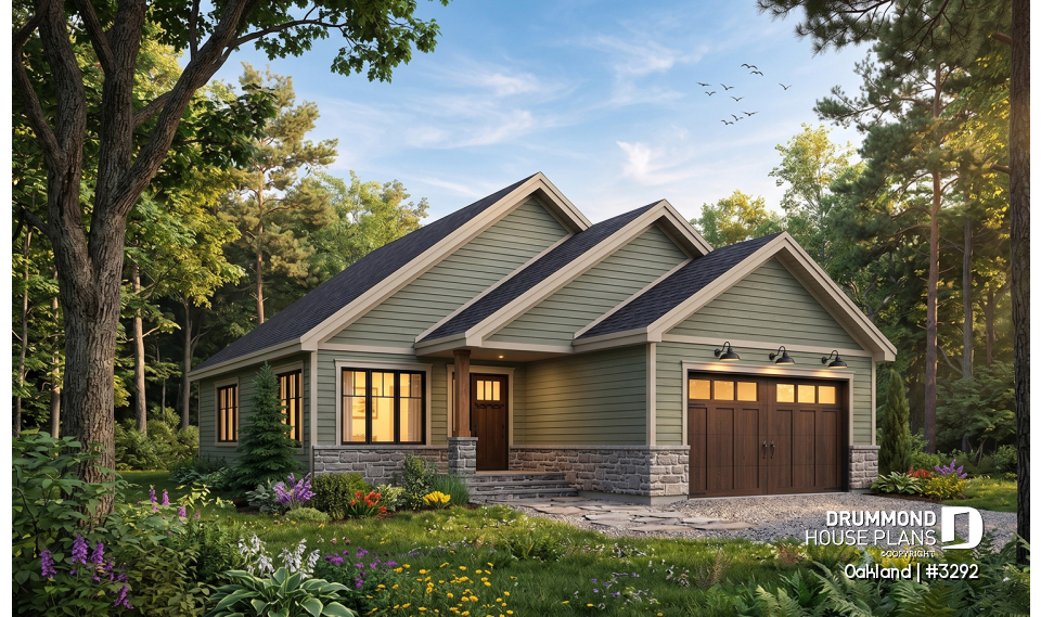 front - BASE MODEL - Ideal narrow lot house plan, 2 bedrooms, garage, large family room, play area or computer corner, laundry room - Oakland