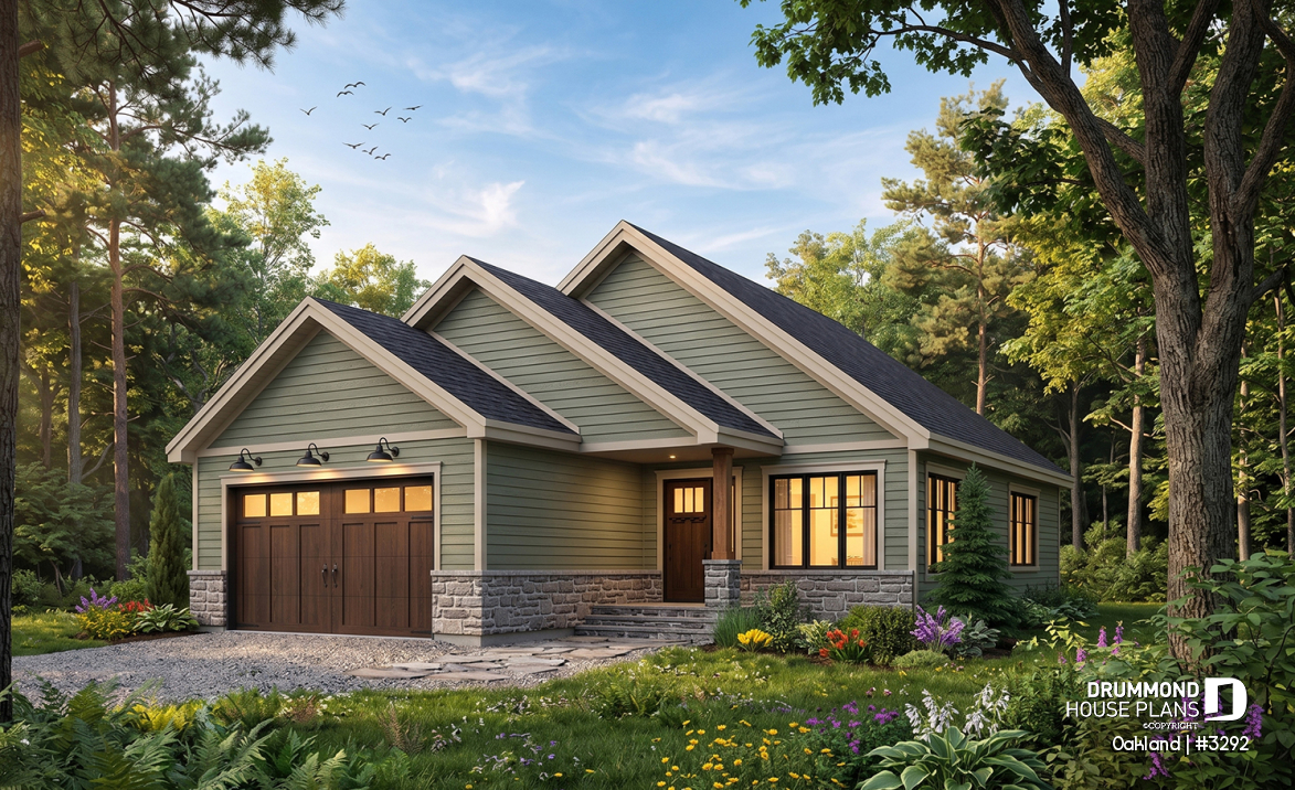front - BASE MODEL - Ideal narrow lot house plan, 2 bedrooms, garage, large family room, play area or computer corner, laundry room - Oakland