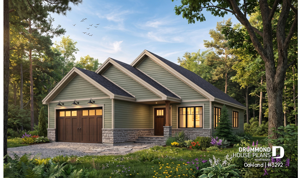 front - BASE MODEL - Ideal narrow lot house plan, 2 bedrooms, garage, large family room, play area or computer corner, laundry room - Oakland