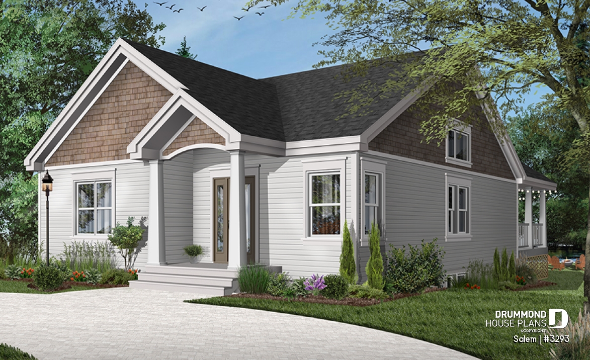Color version 2 - Front - House plan for narrow lot, covered rear balcony, master suite + 2 secondary bedrooms with full bath, cathedral - Salem