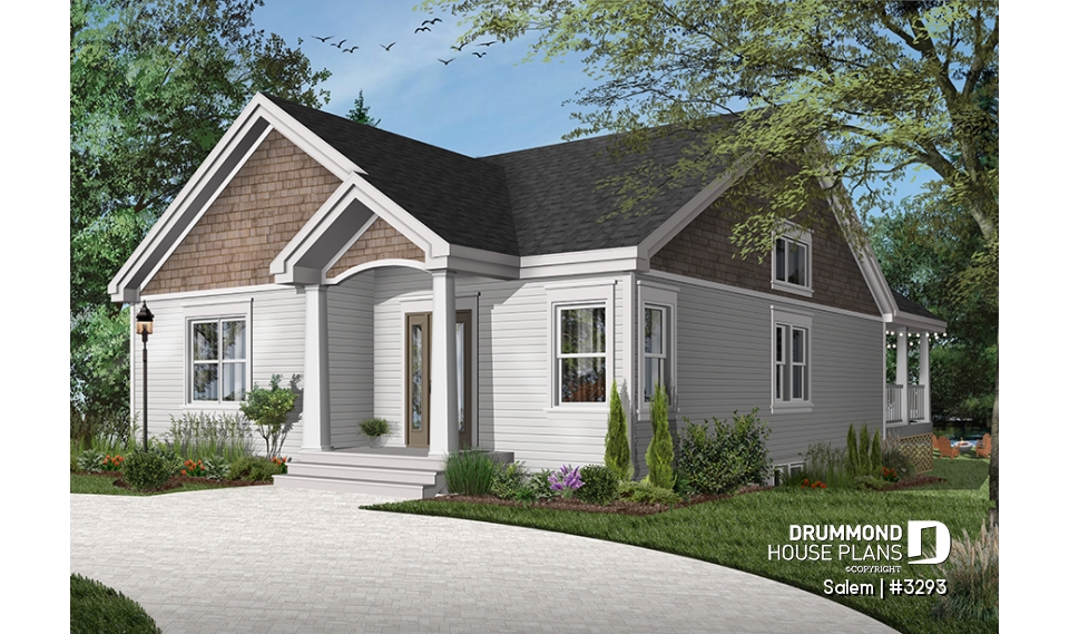 Color version 2 - Front - House plan for narrow lot, covered rear balcony, master suite + 2 secondary bedrooms with full bath, cathedral - Salem