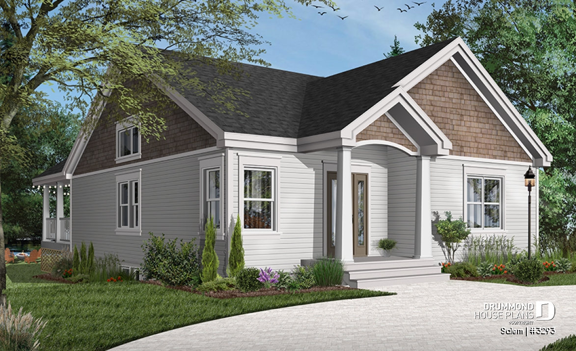 Color version 2 - Front - House plan for narrow lot, covered rear balcony, master suite + 2 secondary bedrooms with full bath, cathedral - Salem