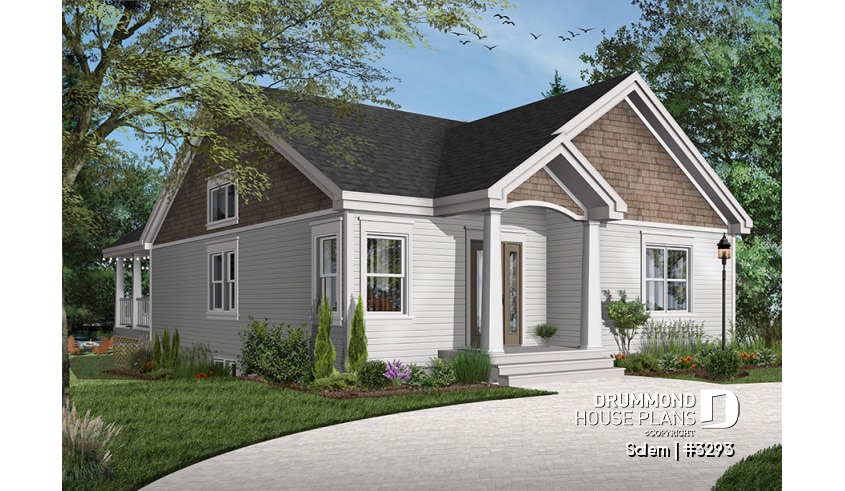 Color version 2 - Front - House plan for narrow lot, covered rear balcony, master suite + 2 secondary bedrooms with full bath, cathedral - Salem