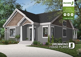 front - BASE MODEL - House plan for narrow lot, covered rear balcony, master suite + 2 secondary bedrooms with full bath, cathedral - Salem