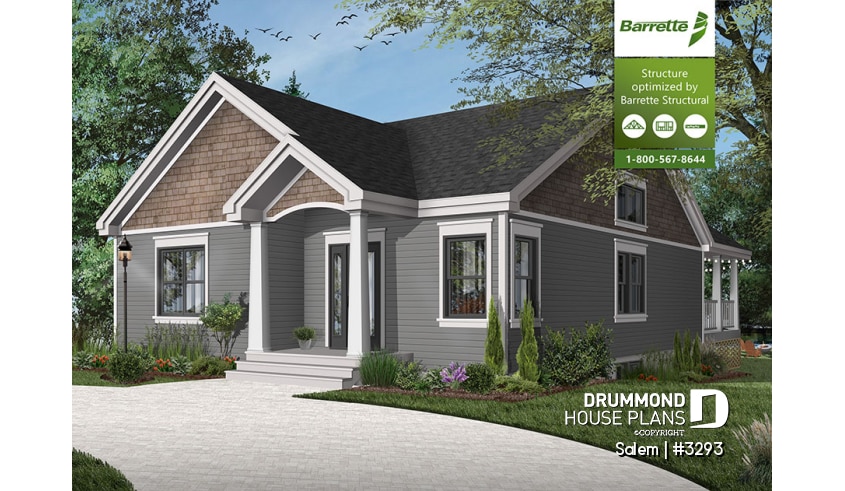 front - BASE MODEL - House plan for narrow lot, covered rear balcony, master suite + 2 secondary bedrooms with full bath, cathedral - Salem