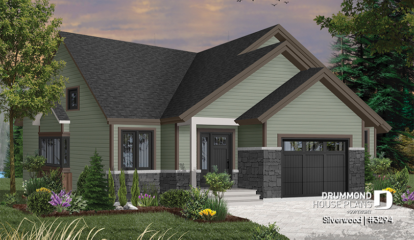 Color version 9 - Front - 3 bedroom one-story house plan with garage, open floor plan concept, cathedral ceiling, kitchen island - Silverwood