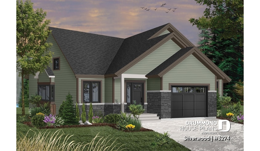 Color version 9 - Front - 3 bedroom one-story house plan with garage, open floor plan concept, cathedral ceiling, kitchen island - Silverwood