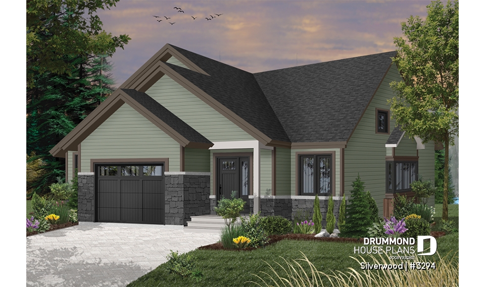 Color version 9 - Front - 3 bedroom one-story house plan with garage, open floor plan concept, cathedral ceiling, kitchen island - Silverwood