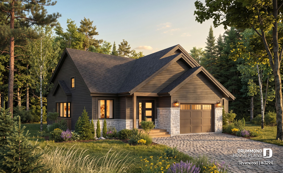 front - BASE MODEL - 3 bedroom one-story house plan with garage, open floor plan concept, cathedral ceiling, kitchen island - Silverwood