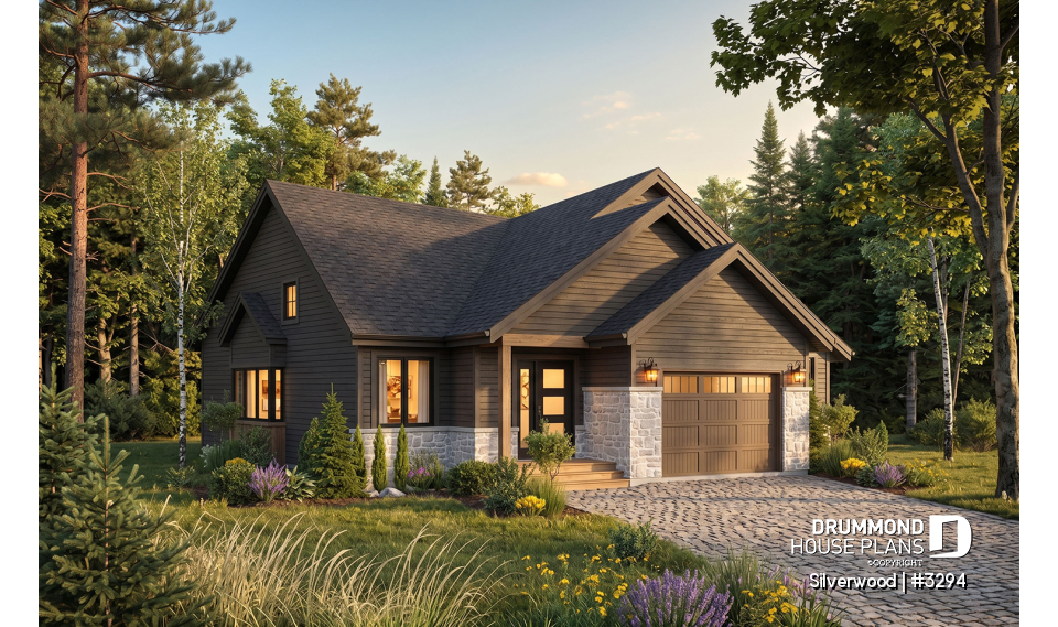 front - BASE MODEL - 3 bedroom one-story house plan with garage, open floor plan concept, cathedral ceiling, kitchen island - Silverwood
