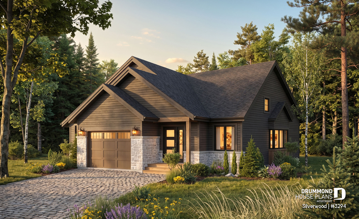 front - BASE MODEL - 3 bedroom one-story house plan with garage, open floor plan concept, cathedral ceiling, kitchen island - Silverwood