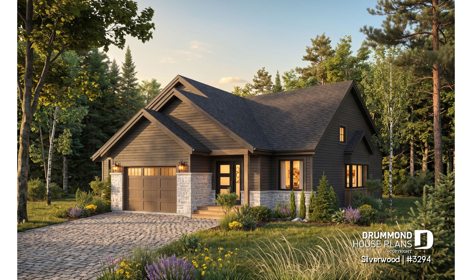 front - BASE MODEL - 3 bedroom one-story house plan with garage, open floor plan concept, cathedral ceiling, kitchen island - Silverwood