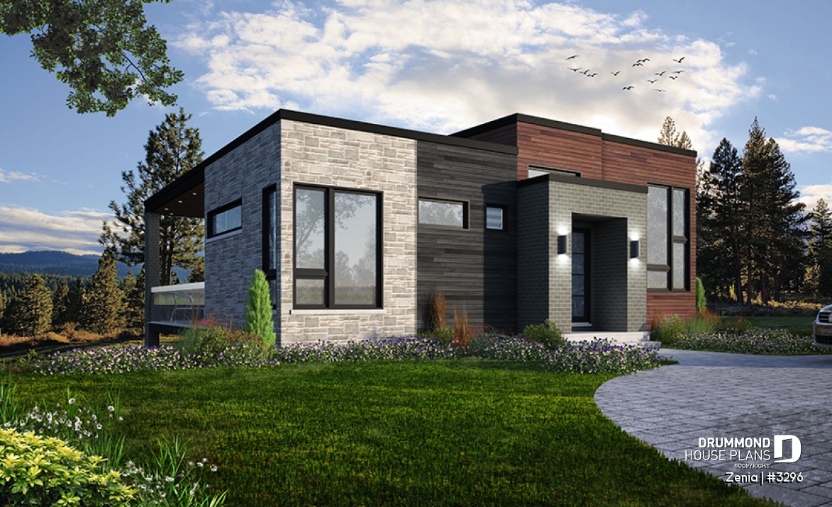 front - BASE MODEL - Modern economical bungalow with walkout basement, 2 bedroom and central fireplace - Zenia