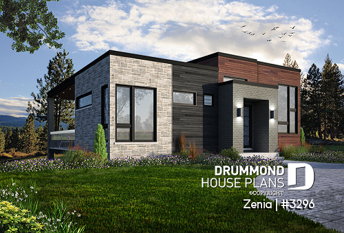 front - BASE MODEL - Modern economical bungalow with walkout basement, 2 bedroom and central fireplace - Zenia